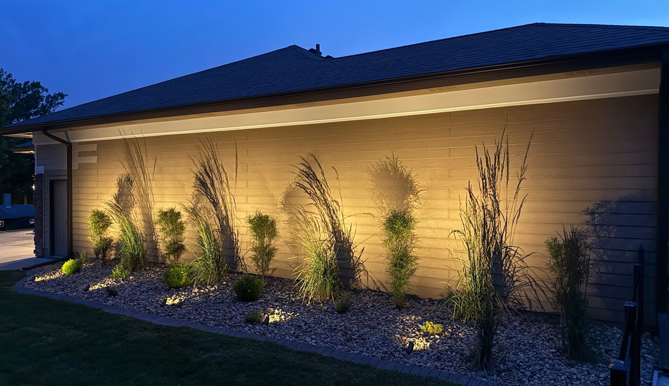 Illuminated plants against a house wall.