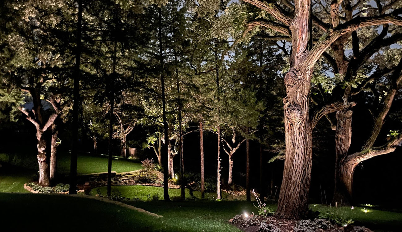 A comprehensive lighting design showcases the home’s facade, driveway entrance, and mature garden greenery.