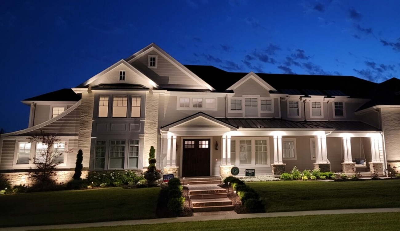 outdoor lighting papillion ne newer construction home LED uplights and path lights at night
