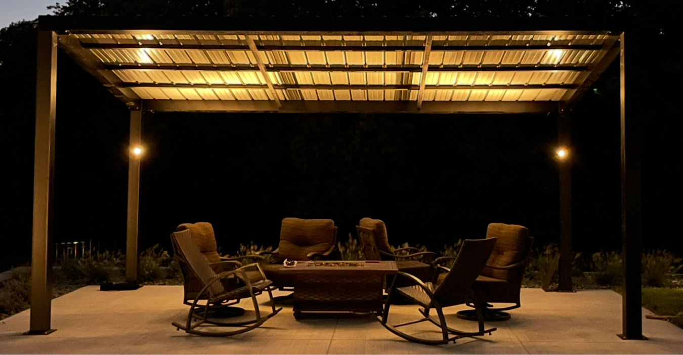 A covered outdoor patio with a fire pit and seating, illuminated at dusk by integrated patio lights.