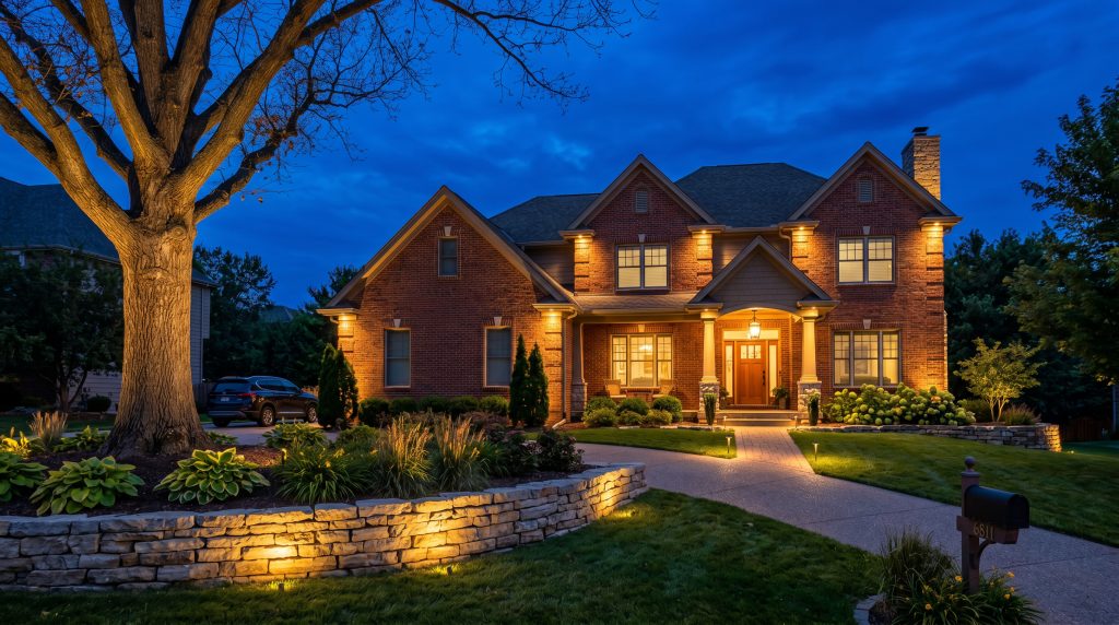 outdoor lighting installation cost omaha warm uplights illuminating brick home facade at night